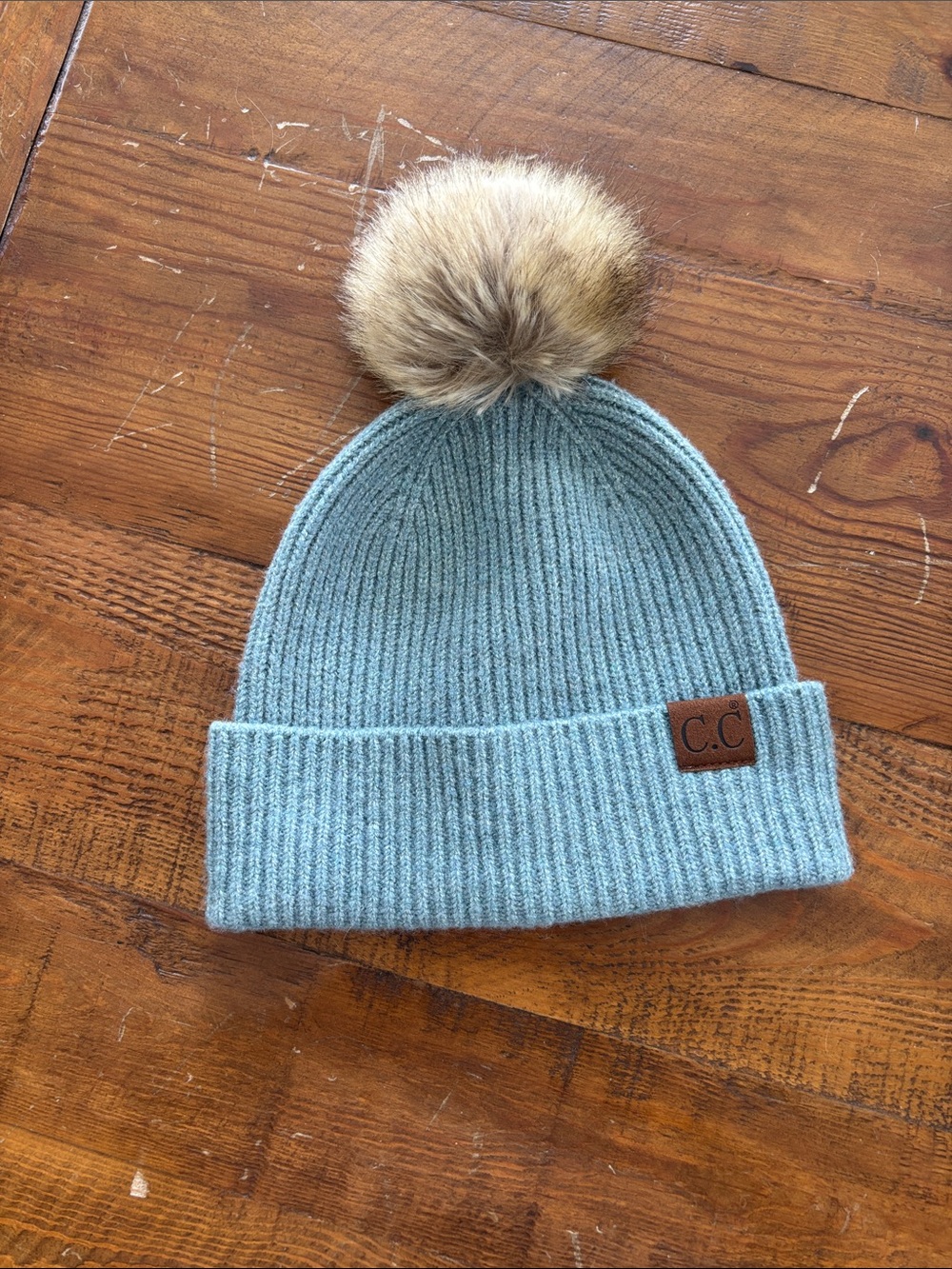 C.C Womens Blue Knit Beanie with Faux Fur Pom